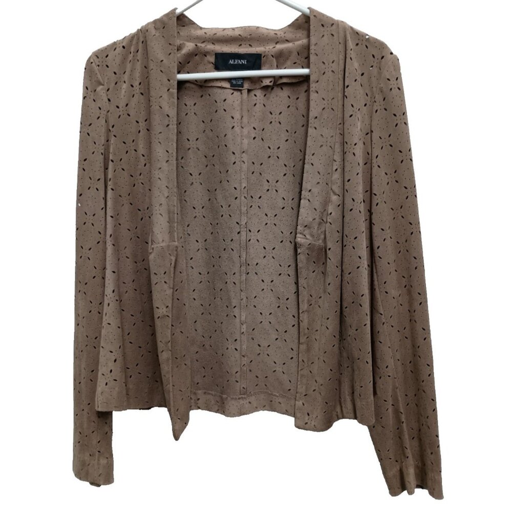 Alfani Womens Fly Away Jacket Medium Brown Faux Suede‎ Laser Cut Carrier Neutral